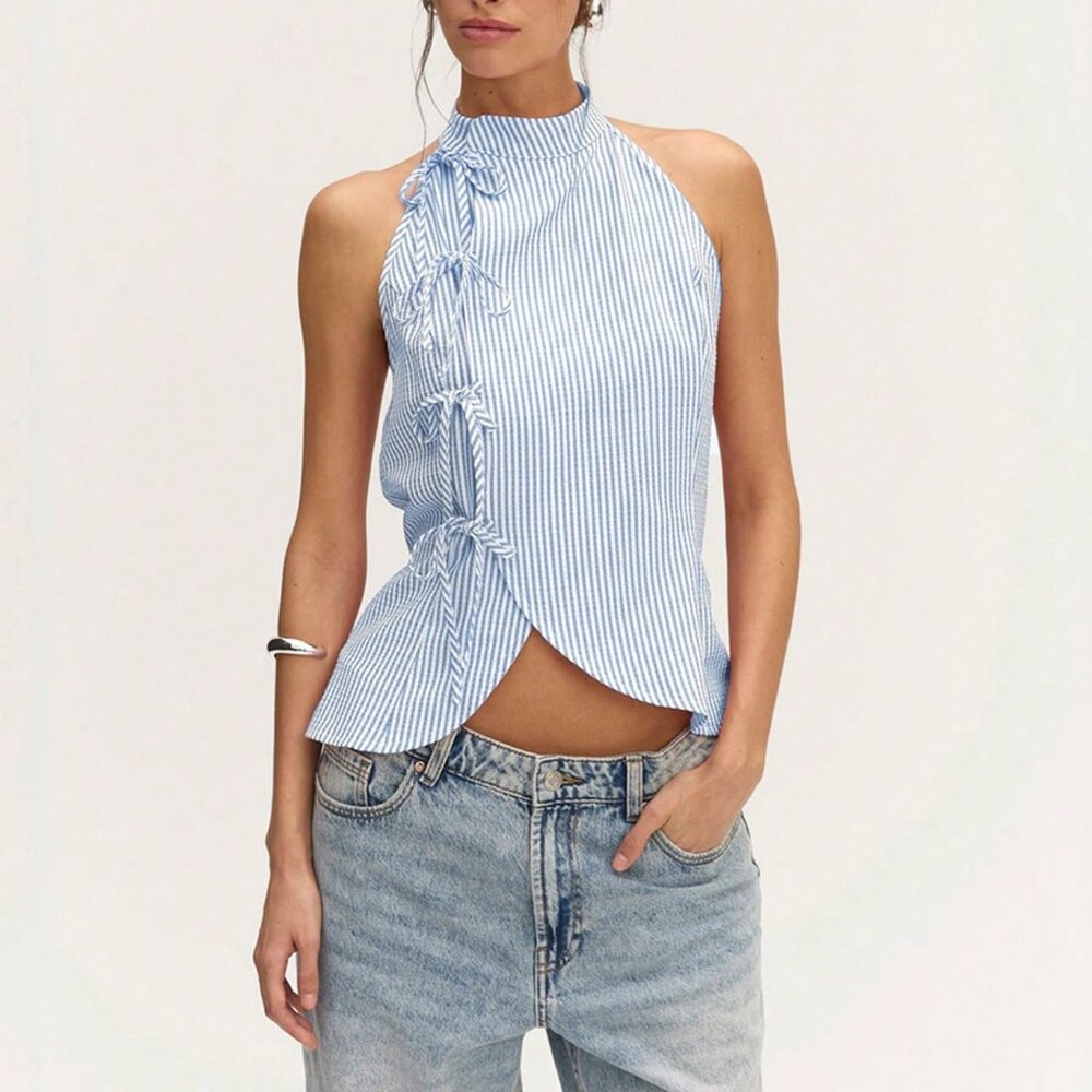 Blue And White Casual Women's Chinese Style Sleeveless Stripes Bows Detail